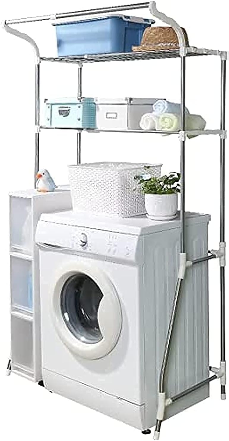 BAOYOUNI Estante de metal ajustable para lavadora, estante para inodoro con 2 estantes y barra para colgar, organizador de detergente para baño, fácil de montar, (62-101) x 48 x 173 cm, color marfil