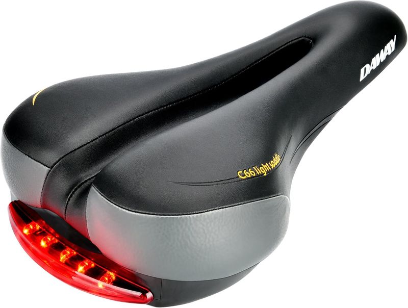 DAWAY C66 Cómodo Asiento de Bicicleta para Hombres y Mujeres, cojín de sillín de Bicicleta de montaña de Carretera de Cuero Acolchado de Espuma con luz Trasera, Apto para la mayoría de Las Bicicletas