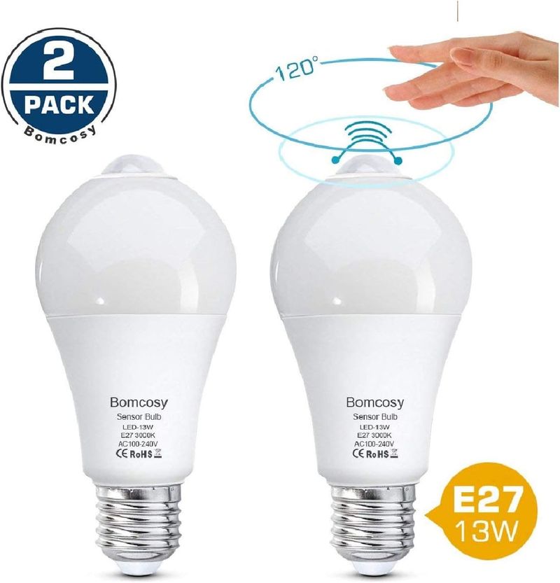Pack de 2 bombillas LED 13 W, de la marca Bomcosy, con sensor PIR de movimiento, Warm White 3000k, E27, 13W