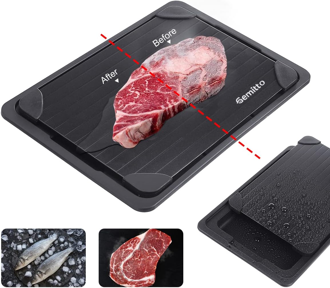 GEMITTO Bandeja de Descongelación, Placa de descongelación rápida de Aluminio con Bandeja de Goteo para Descongelar Carne y Alimentos Congelados, sin Electricidad