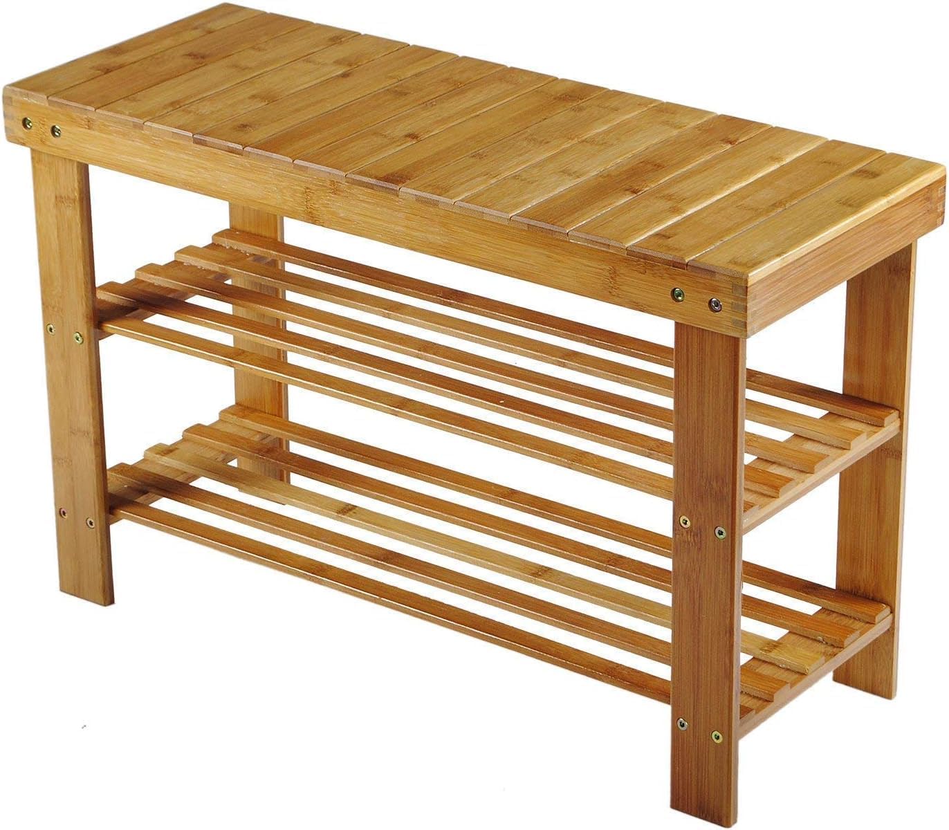 Banco zapatero de bambú Hossejoy, estante para baño, 3 estantes - 70 x 45 x 28 cm (ancho x alto x profundidad)