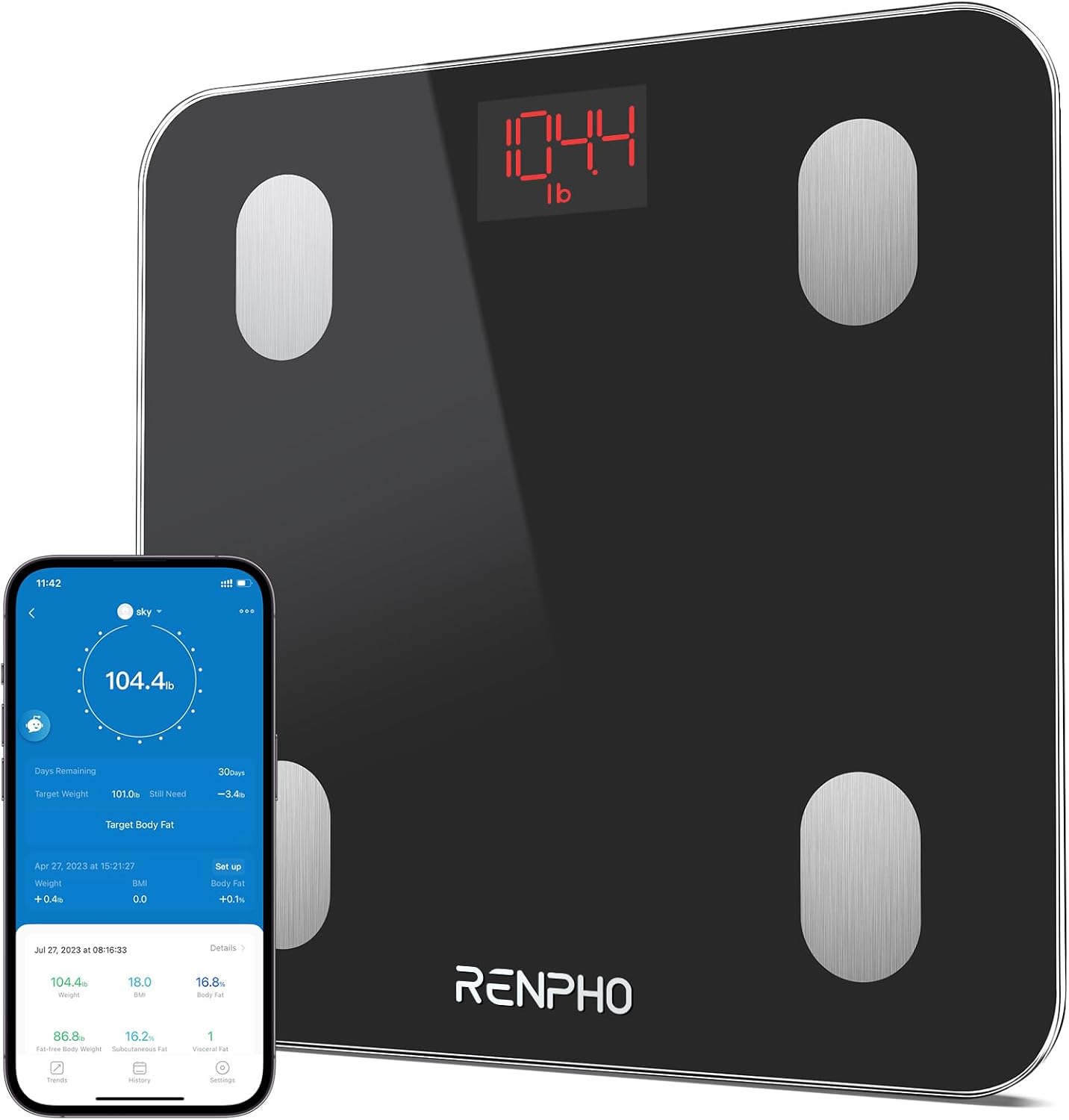 RENPHO  Bascula de Baño Digital Grasa Corporal, RENPHO Balanza Bluetooth Inteligente con App, Bascula Electrónica con Análisis Corporal, 13 Mediciónes de Peso IMC Visceral e Muscular, Negro, Elis 1