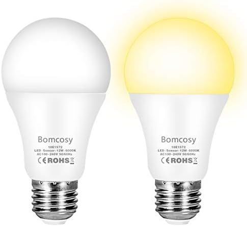 Bomcosy Bombilla con Sensor Crepuscular, Bombillas E27 LED Sensor, 12W Equivalente a 100W, Blanco frío 6000K, Amanecer hasta el Atardecer Encendido/Apagado Automático, Para Camino, Jardín 2 piezas [Clase de eficiencia energética A+]