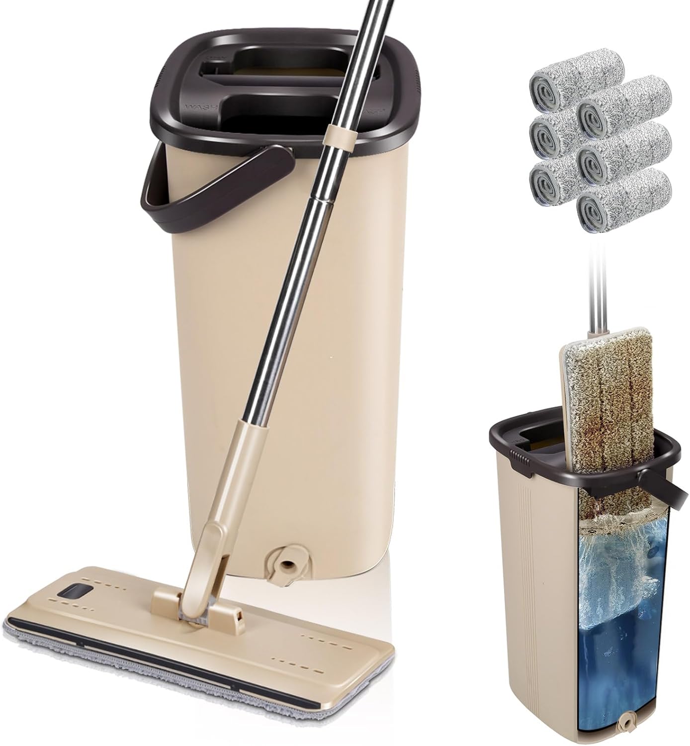 Masthome Juego de Trapeador y cubo de Drenaje, Mopa Plana Microfibra ,Cubo de Doble Compartimento , Trapeador de piso con 6 Almohadillas de Microfibra, para Todo Tipo de Suelos