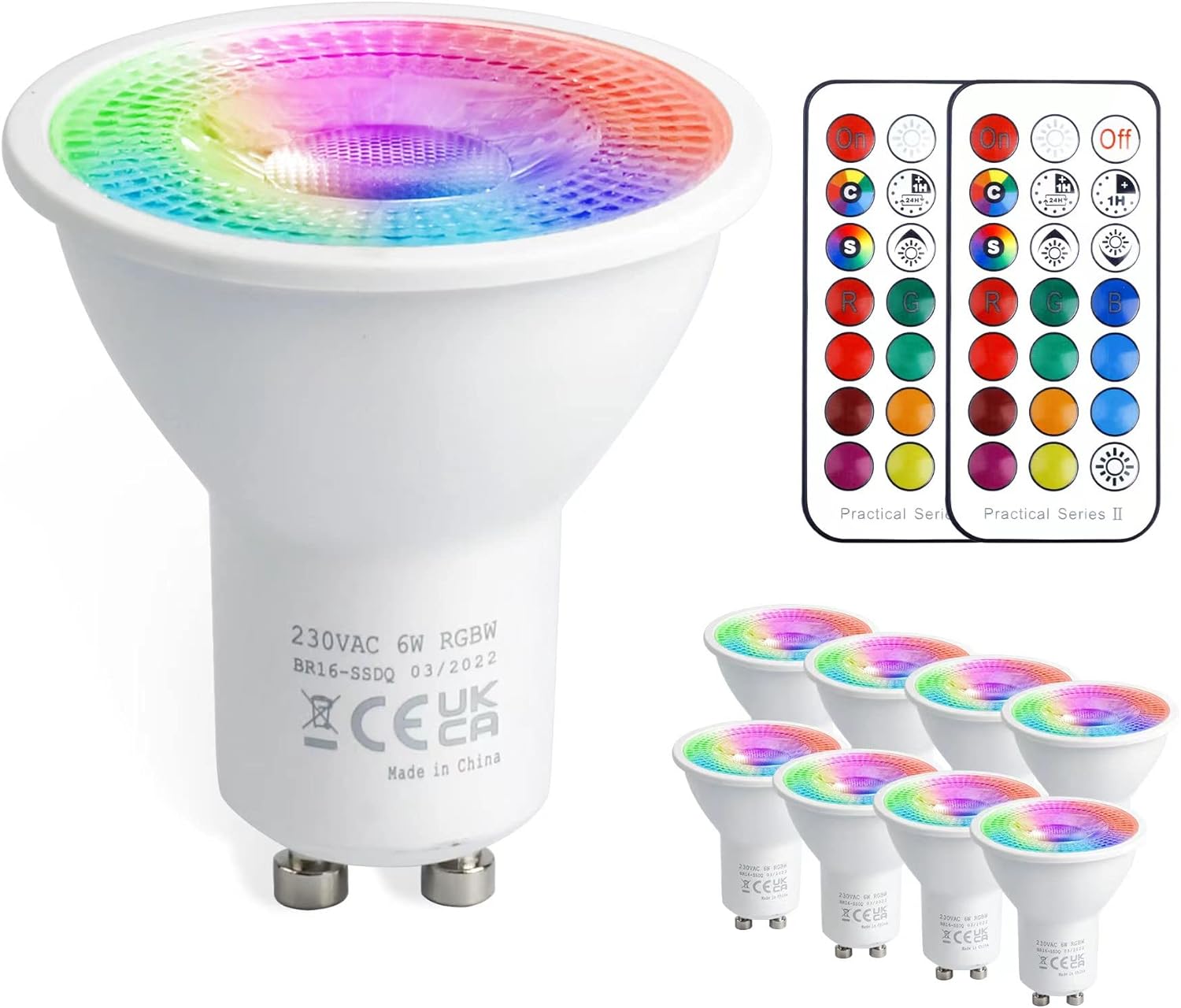 Bombilla LED GU10 de 5W (equivalente a 50W), 450 lúmenes, luz blanca fría de 6000K, ángulo de haz de 45°. Control remoto IR con 12 colores y 5 modos, rango de 8 metros. Compatible solo con control rem