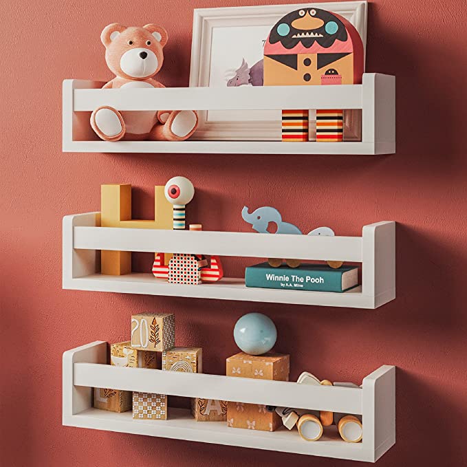 Nature Supplies - Juego de 3 estantes de Pared de Madera Maciza Blanca - Cuarto de bebé - Ideal para Libros y Juguetes