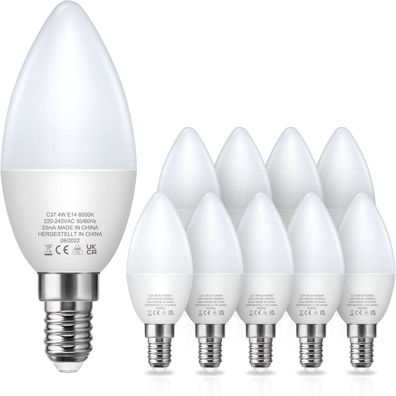 Lámpara de vela LED E14 Fulighture E14, lámpara LED en forma de vela con enchufes E14, 350 lúmenes 6000k blanco frío 3.5w 40w no inmóvil, 10 piezas