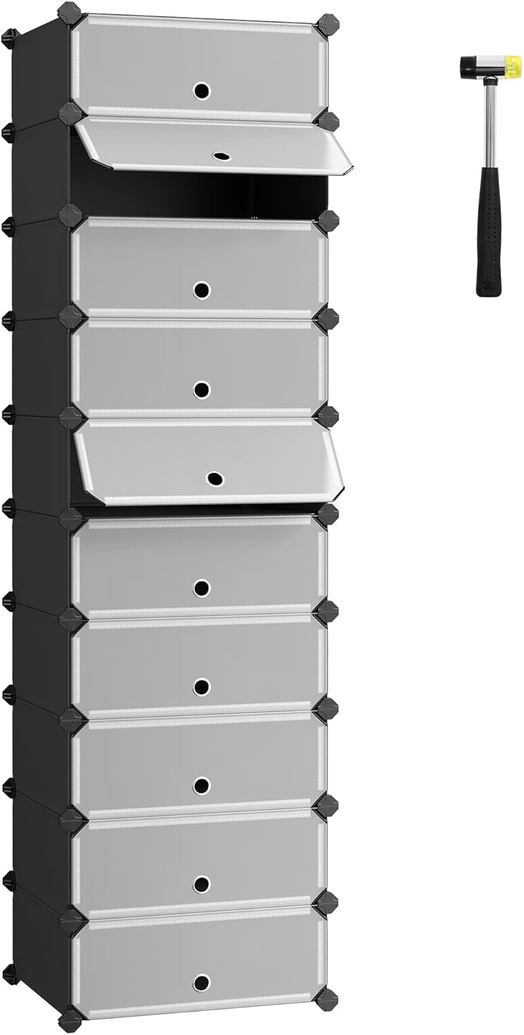 SONGMICS Zapatero Modular con 10 Compartimentos, Estantería Modular de Plástico, Cajas Zapatero DIY, Zapatero Plástico con Puerta, con Martillo, Negro LPC10HV1