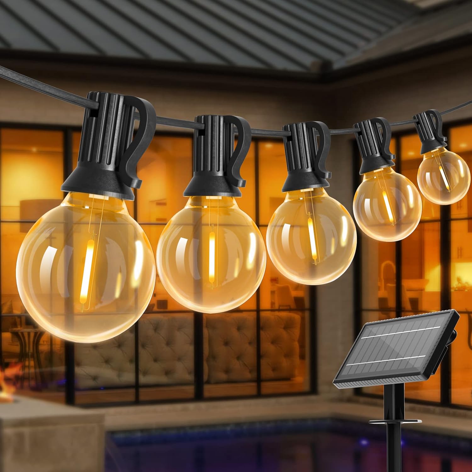Bomcosy Guirnaldas Luminosas de Exterior, G40 Cadena Bombillas Solares 18ft/5.5m con 10+2(Bombilla de led) Luces Led Solares Exteriores IP45 Impermeable Perefcto para Fiesta Boda Jardín Patio Cafe