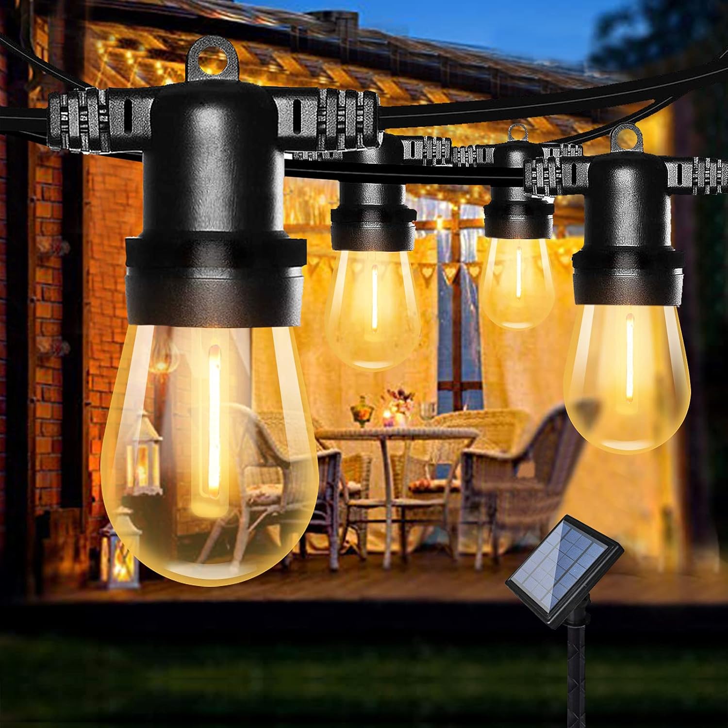 Bomcosy Guirnaldas Luminosas de Exterior Solares,Bomcosy S14 Cadena de Luces 26.4ft/8m con 12(Bombilla de led),E27 Base Bombillas Solares Exterior Jardin IP65 Impermeable para Fiesta,Boda,Jardín Patio Cafe