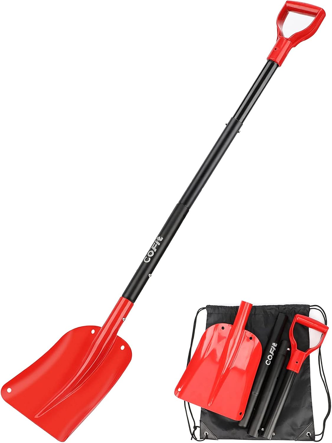 COFIT Pala de nieve de 120 cm, pala de nieve de metal para coche, pala plegable pequeña de aluminio, ligera para exteriores, camping, jardín, herramienta de eliminación de nieve, pala de invierno, roj