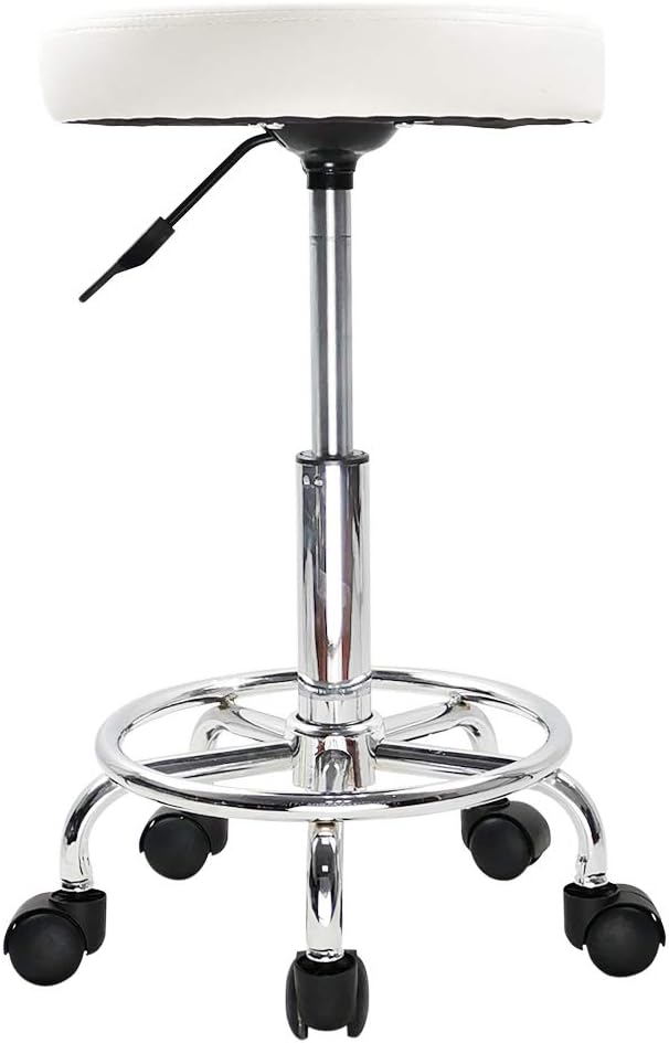 Taburete con ruedas KKTONER, altura ajustable, giratorio, taburete de bar, taburete de trabajo, taburete de oficina de piel sintética, blanco