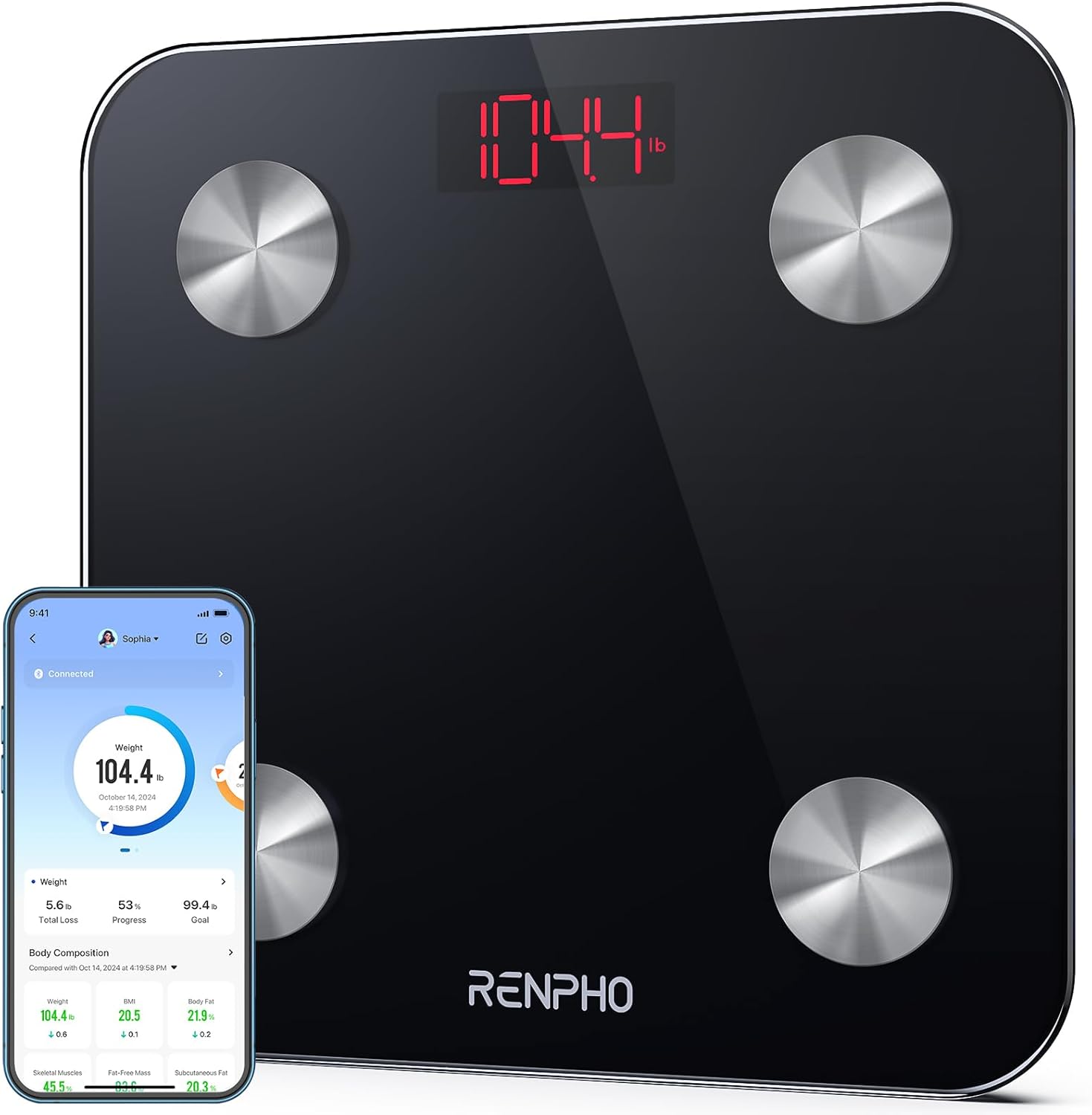 Báscula Grasa Corporal Bluetooth RENPHO con 13 Funciones, Báscula de Baño Digital con App, Báscula Inteligente y Monitor de Composición Corporal con Medición de Metabolismo Basal e IMC, Elis 1