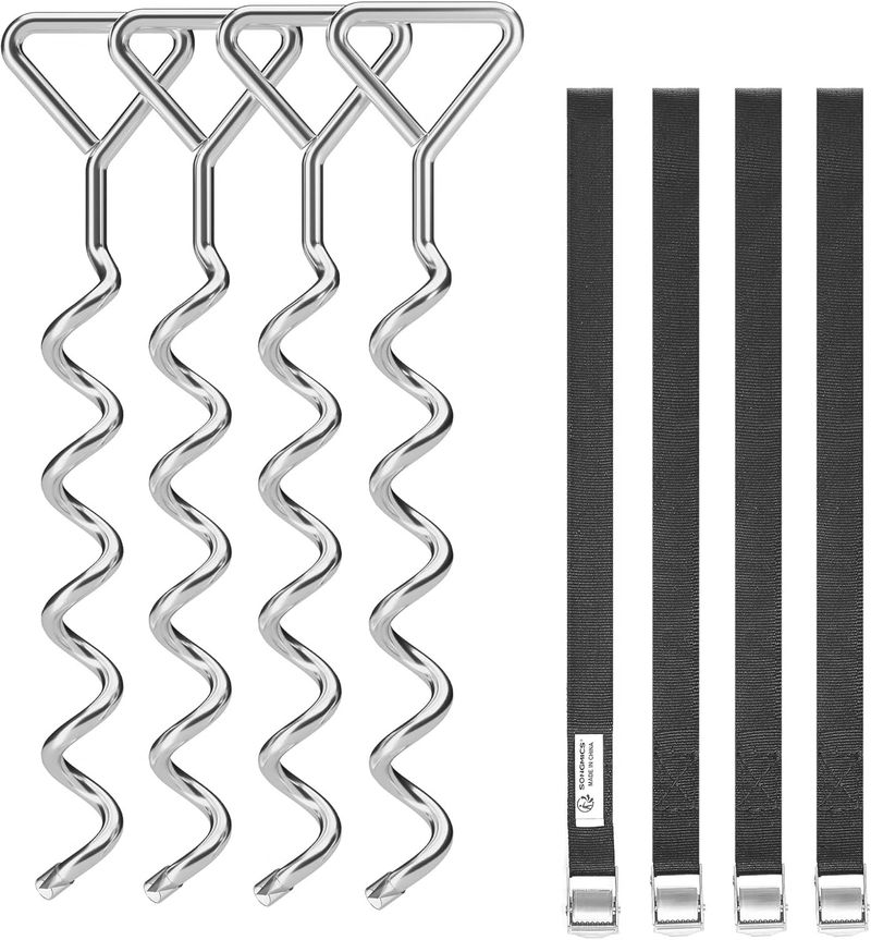 SONGMICS Estacas para Trampolín en Espiral, Dispositivo de Anclaje al Suelo con Estacas de Hierro Galvanizado, Correas de Poliéster, Hebillas de Acero SGN15INV1