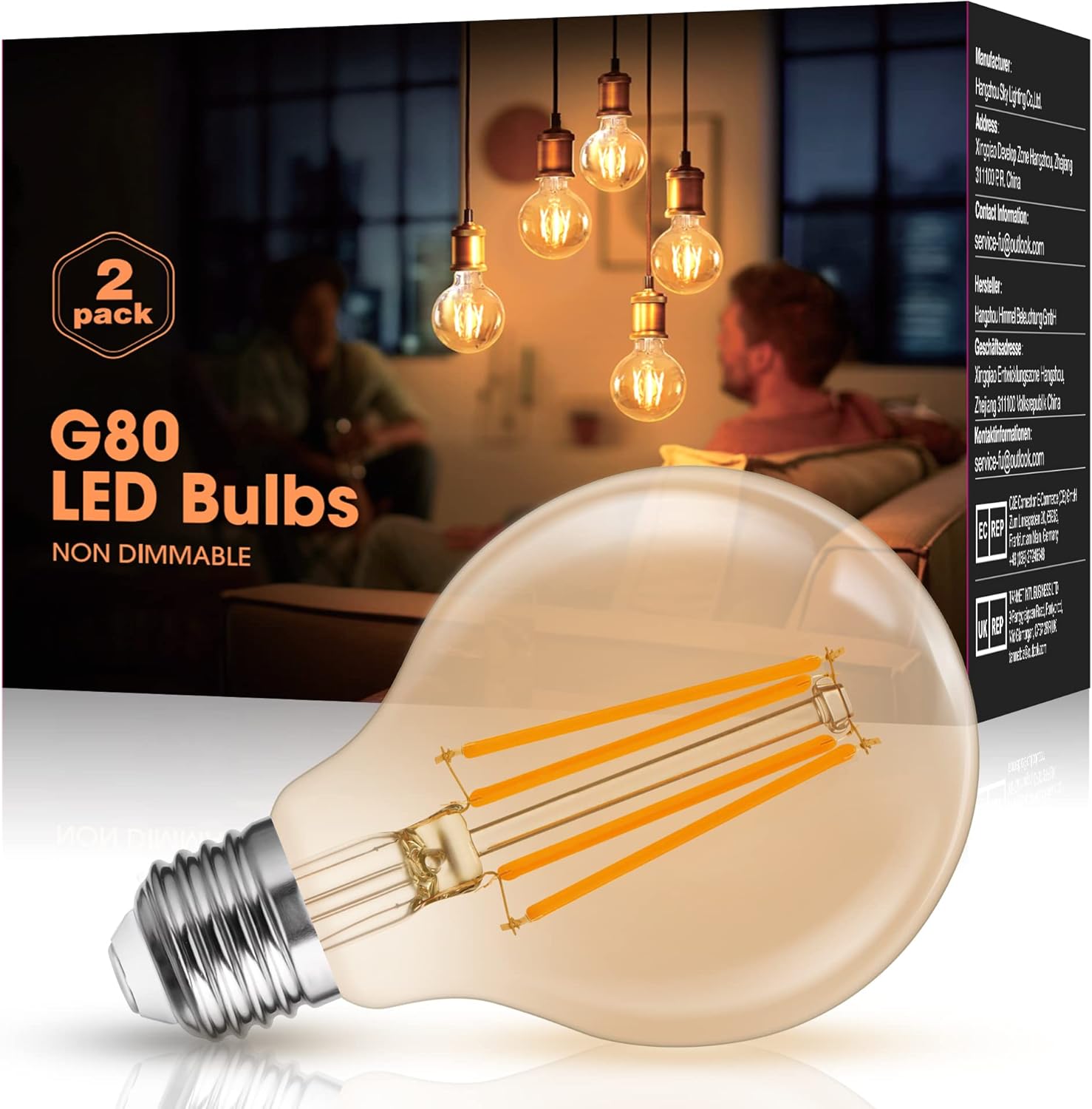 Fulighture Edison Vintage Bombilla, E27 LED Filamento Lámpara, 4W Equivalente a 40W, 400lm, Blanco Cálido 2700K, Bombilla Vintage ideal para nostalgia y retro iluminación, no regulable, 2 unidades