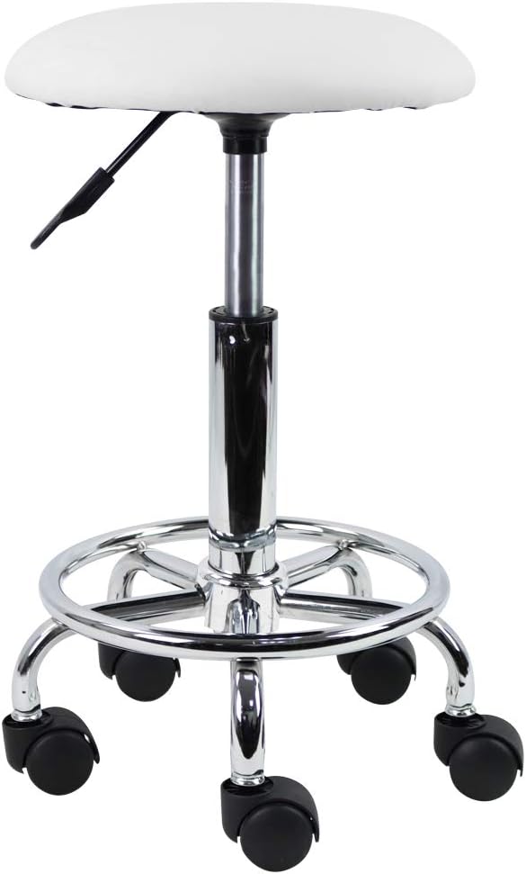 KKTONER Taburete con Ruedas y reposapiés de Piel sintética Taburete de Trabajo Redondo Giratorio 360° Taburete de Oficina con Altura Ajustable 49-64cm Blanco