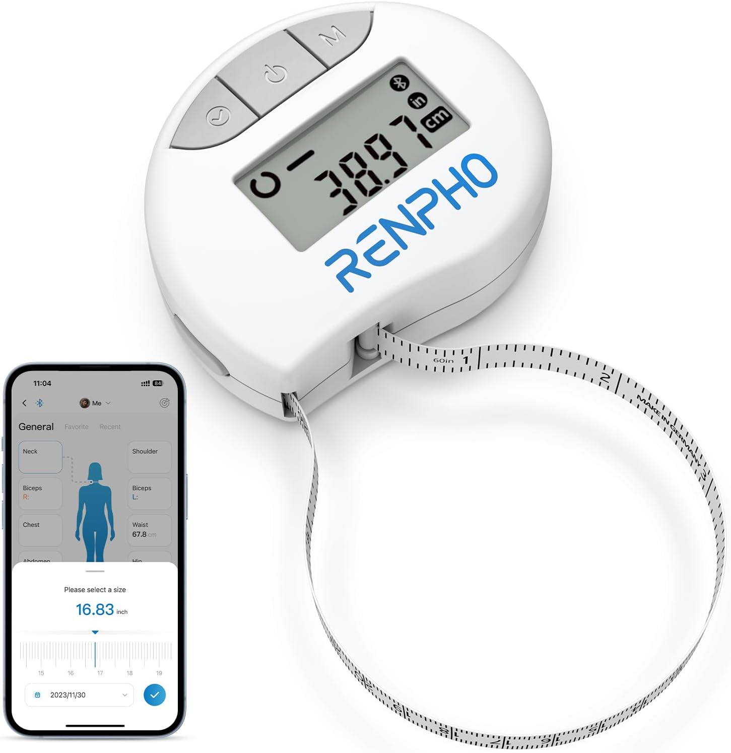 Cinta Métrica Inteligente con Aplicación, Cintas Métricas Bluetooth RENPHO para Medir el Cuerpo, Fitness, Retractable, Mide la Circunferencia de la Parte del Cuerpo, Pulgadas y CM