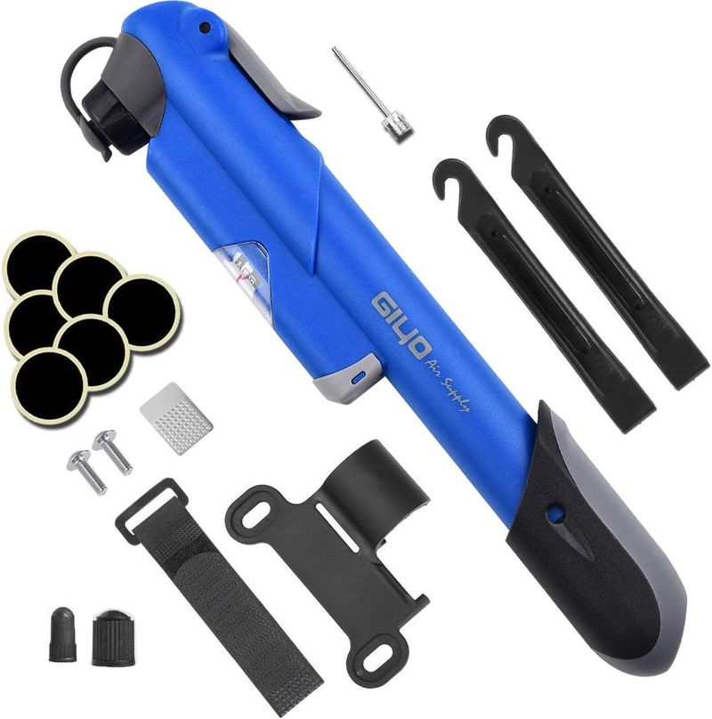 Bomba Para Bicicleta Con Manómetro, [120 PSI] Diyife Mini Bomba De Bicicleta [Set Completo Perfecto], Con Aguja, Kit De Parche, Tapas De VáLvulas Y Montura De Marco Para Presta Y Schrader (Azul)