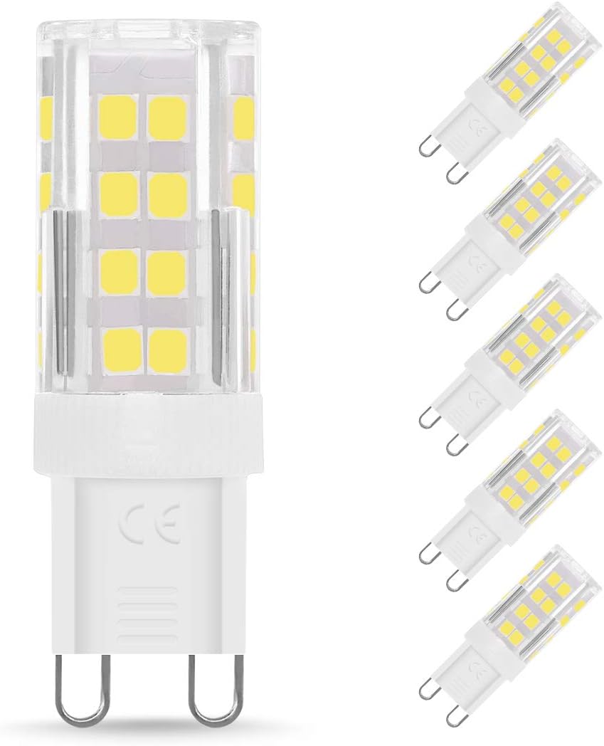 Fulighture Bombilla LED G9 de 5W Equivalente a 40W Lampara Halógena, 6000k, 400LM, No regulable, Sin parpadeo, Sin Estroboscópico, 360 Grados, lámpara g9 para iluminación del hogar, paquete de 6
