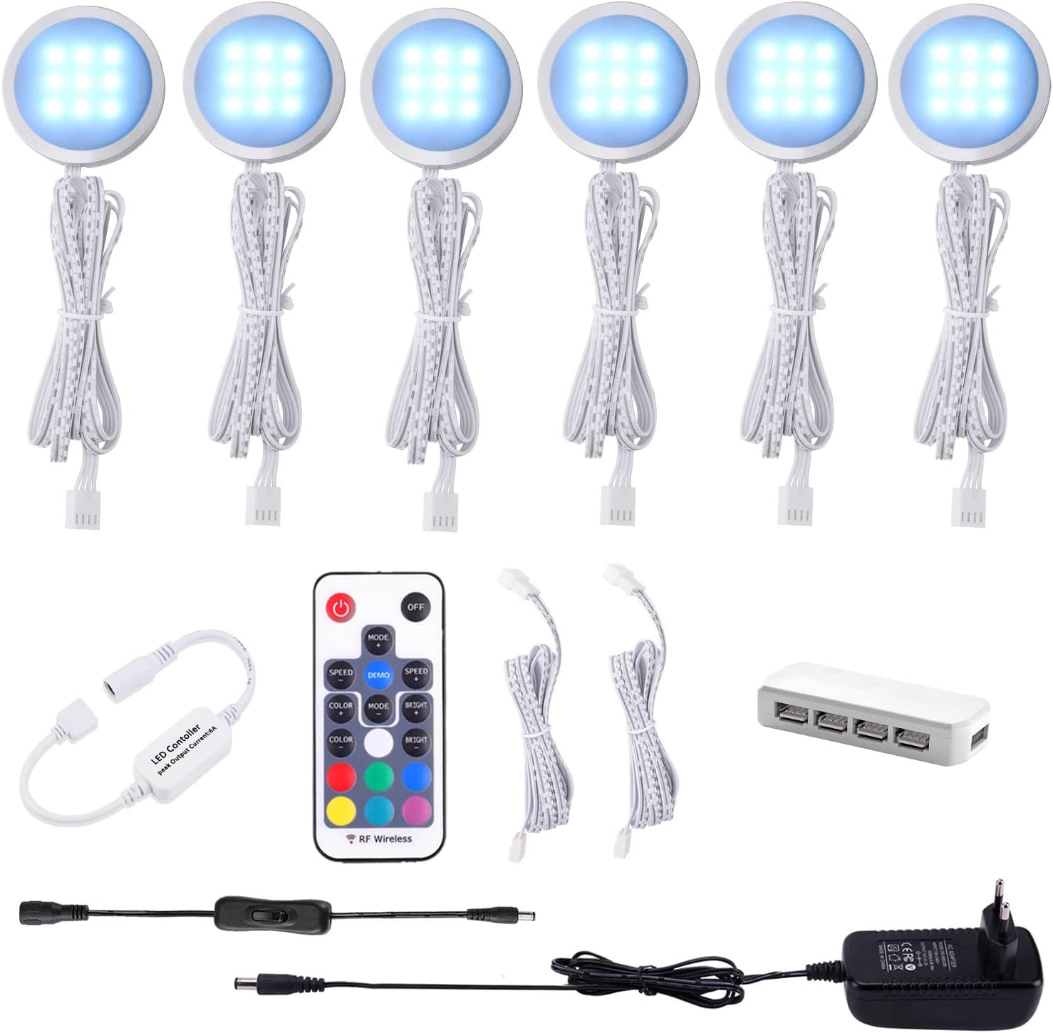 Juego de 6 luces LED RGB para gabinetes AIBOO, luces LED de 12 V para debajo de los gabinetes, cambio de color con control remoto, iluminación RGB regulable para vitrinas, iluminación LED para gabinetes de cocina