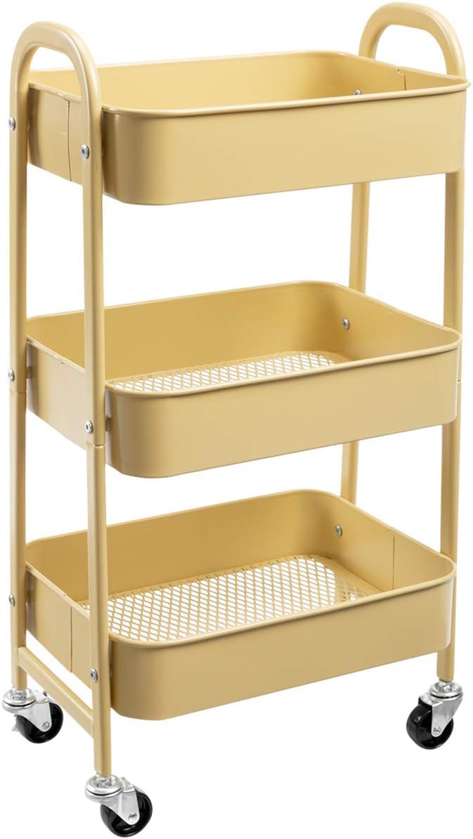DOEWORKS Carro de Almacenamiento Carro de Servicios Metálicos de 3 Niveles Carro rodante Carro Organizador con Ruedas para Cocina Maquillaje Baño Oficina, Caqui Amarillo