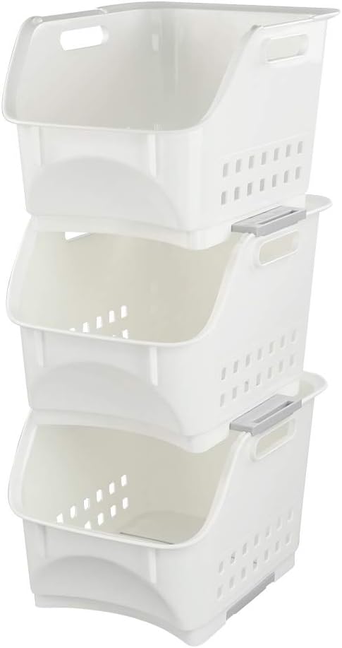 Hokky Cesta De Almacenamiento Apilable De 3 Niveles, Cesta Apilable De Plastico Blanca
