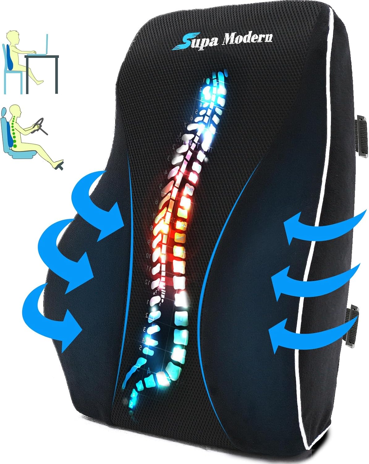 SUPA MODERN Cojín de apoyo lumbar para silla de oficina, cojín de espuma viscoelástica para aliviar el dolor de espalda baja, cojín de respaldo de asiento de coche con transpirable, color negro actual