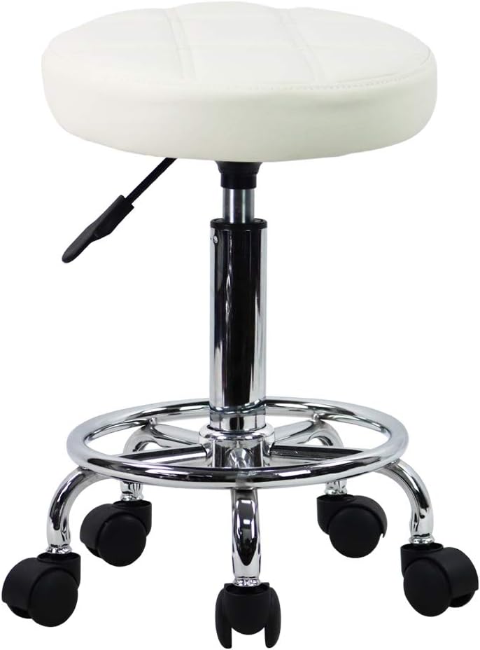KKTONER Taburete con ruedas Taburete de trabajo Taburete de bar Altura regulable 49-64 cm Giratorio de piel sintética blanco
