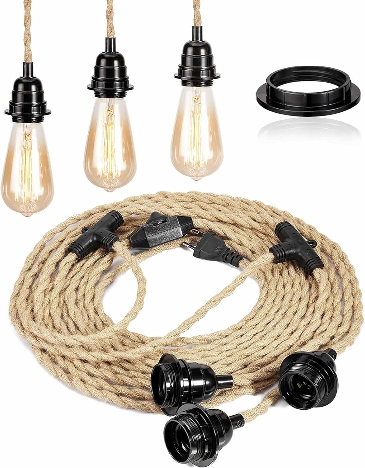 FRIDEKO HOME Lámpara colgante con enchufe, portalámparas E27 de 3 luces con cable, cable vintage con interruptor y enchufe de cuerda de cáñamo de 8,8 m, lámpara colgante DIY para comedor y dormitorio (bombilla no incluida)