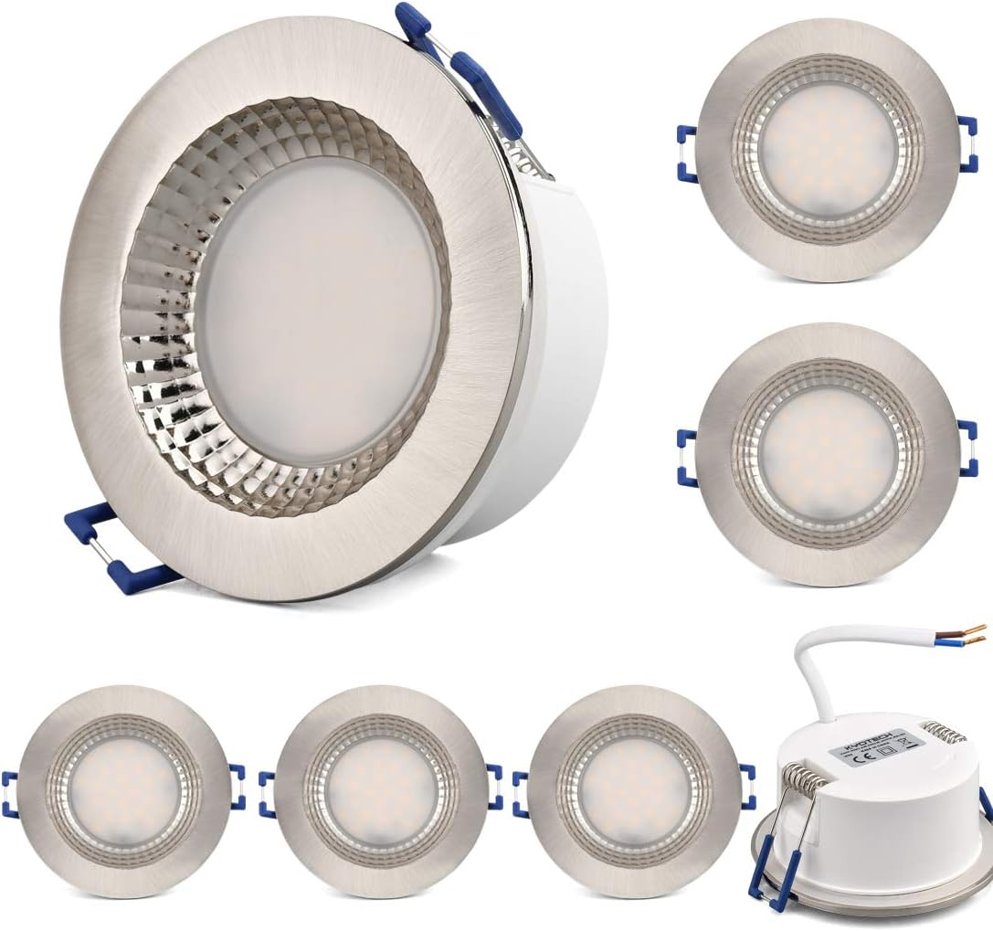 Foco empotrable LED KYOTECH ultraplano IP65 para baño, 6 W, 230 V, 500 lm, blanco cálido 3000 K, para ducha, baño, impermeable, níquel cepillado, paquete de 6