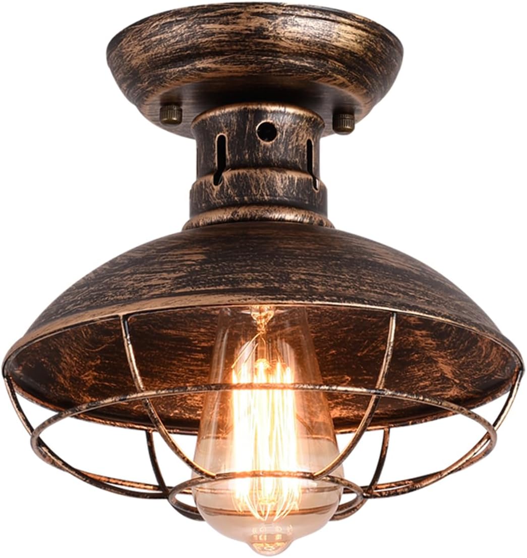 Lámpara de techo Qcyuui de estilo industrial vintage con jaula de metal, lámpara colgante retro E27, bronce aceitado, lámpara de araña para sala de estar, cocina, pasillo, porche y casa de campo.