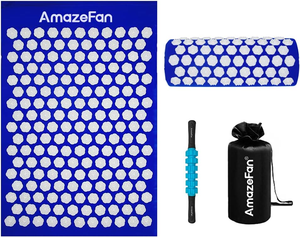 AmazeFan Juego de acupresión para relajación, cojín de acupresión para aliviar el dolor de cabeza y cuello con una bolsa de transporte, con rodillo para músculos