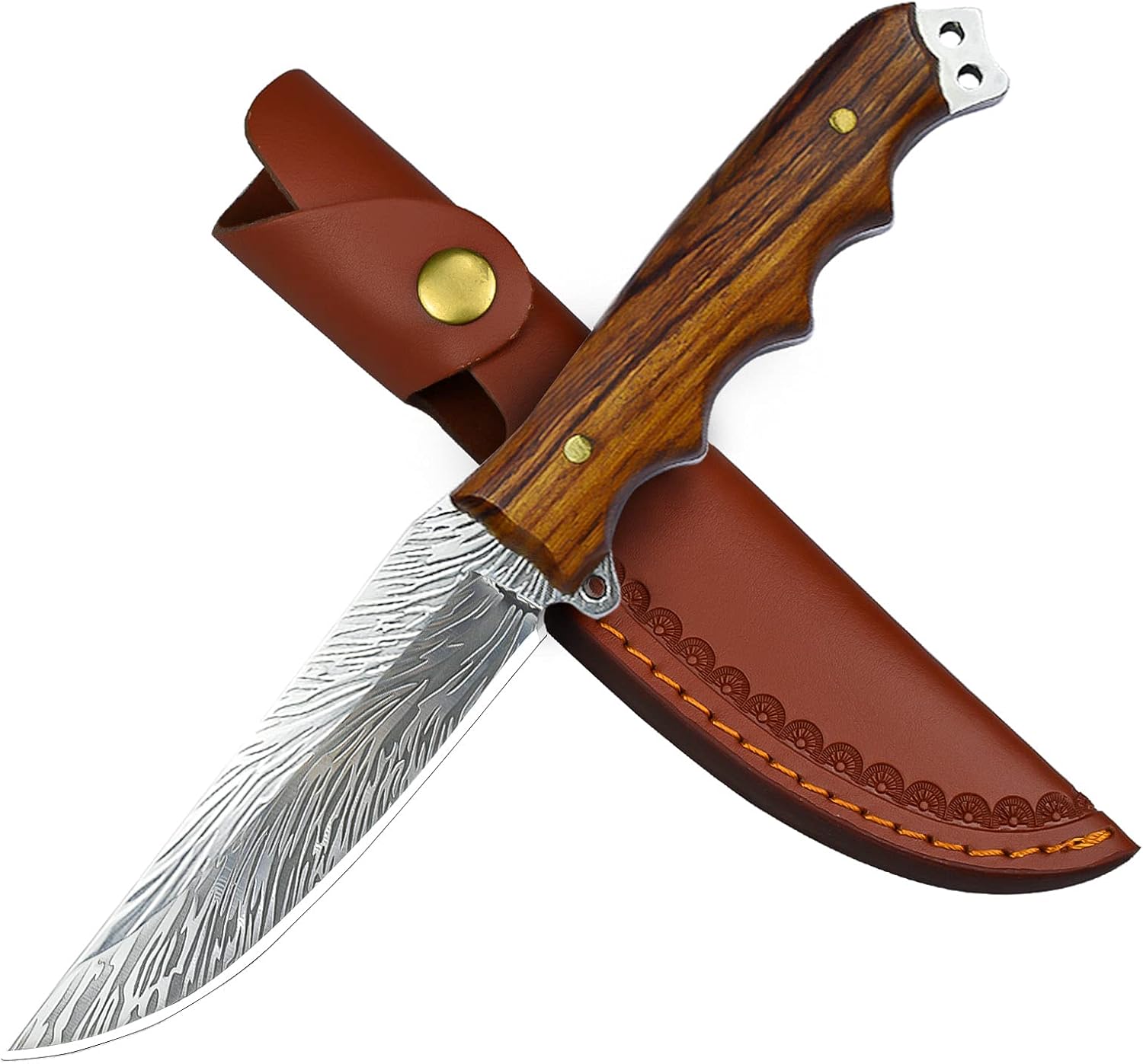 AUBEY Cuchillo de caza para exterior, de supervivencia, con funda de piel, hoja de acero D2, extra afilada, cuchillo de supervivencia con mango de madera