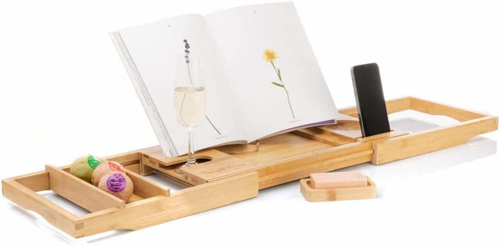 Bandeja extensible para bañera Tranquil Beauty - Tabla de bambú sostenible con soporte para tableta y teléfono - Bandeja de madera ajustable de lujo con portabotellas - Soporte premium para bañera