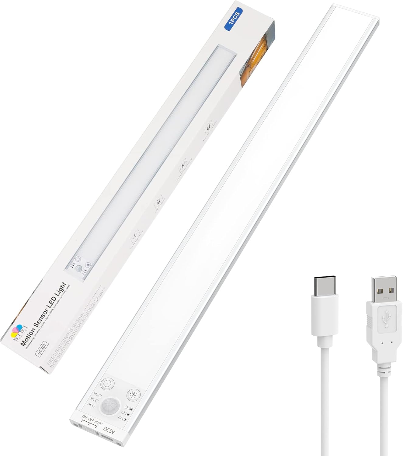 Luz LED con detector de movimiento que se activa a 3 metros y se apaga automáticamente después de 12 segundos sin movimiento. Funciona con batería de litio de 700 mAh, cargable por USB. Ofrece un bril