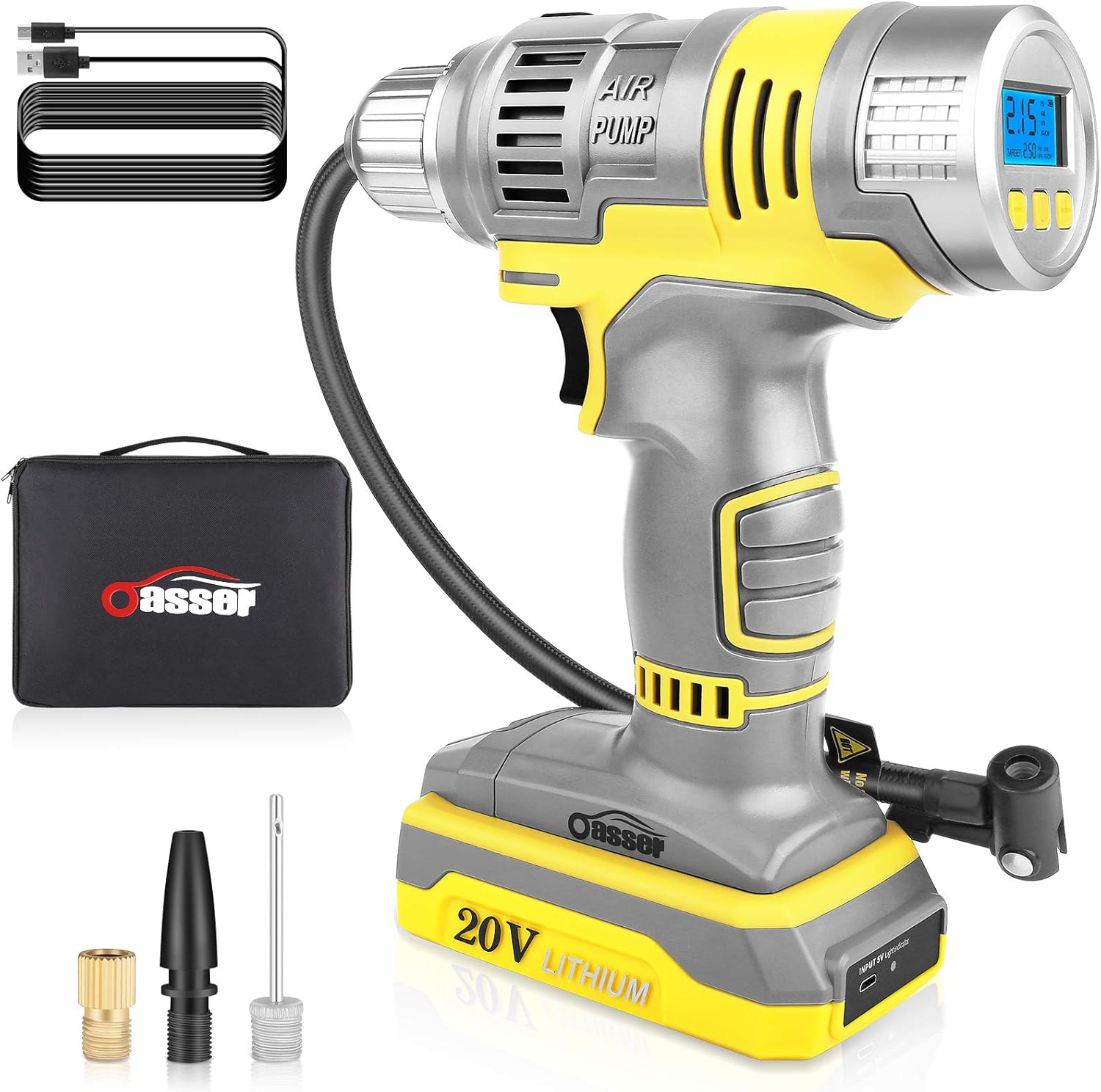 Oasser Compresor Aire Coche Portátil Inflador Neumático 20V, Bomba Eléctrico sin Cable con Batería Li-ion, Medidor de Presión Digital LCD Luz LED Cable USB para Neumático de Coche y Otros Inflables