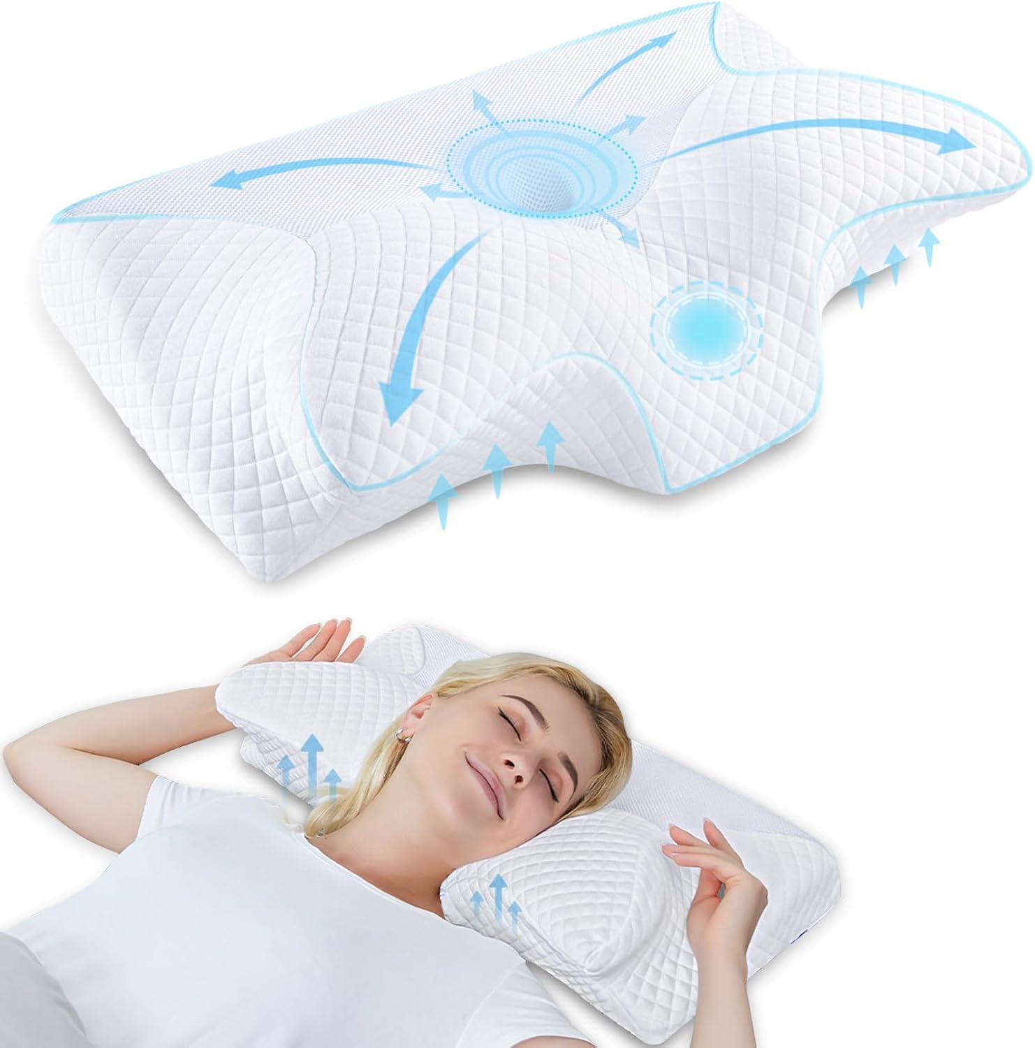 HOMCA Almohada ortopédica Almohada de espuma viscoelástica para la columna cervical Almohada ergonómica para personas que duermen boca arriba, de lado y boca abajo, 60 * 35 * 8/12 cm
