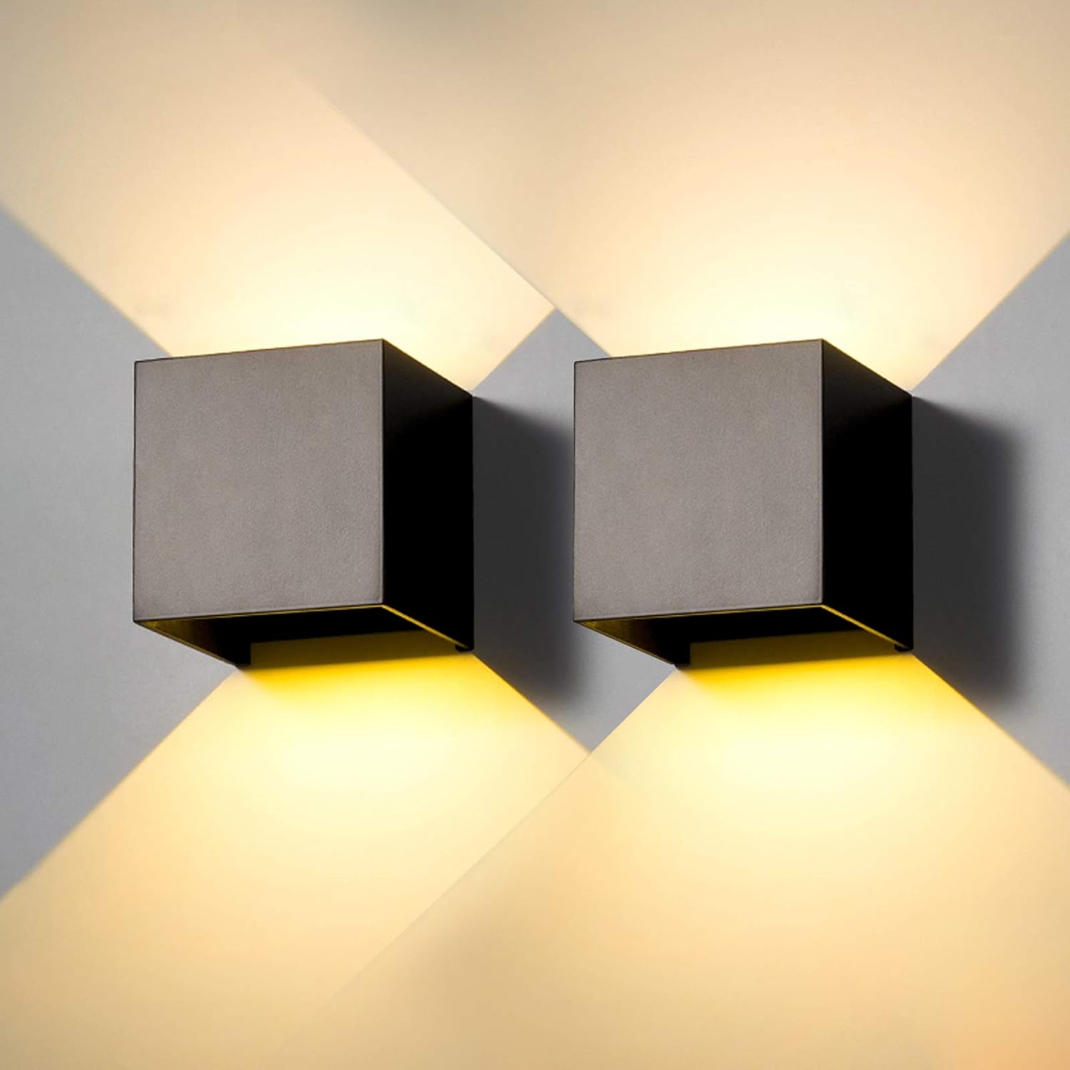 2 Piezas Aplique de Pared exterior LED Lámparas de Pared Interior moderno negro 12W 3000K blanco cálido IP65 impermeable cuadrada de aluminio Ángulo de luz ajustable de diseño y fácil de instalar
