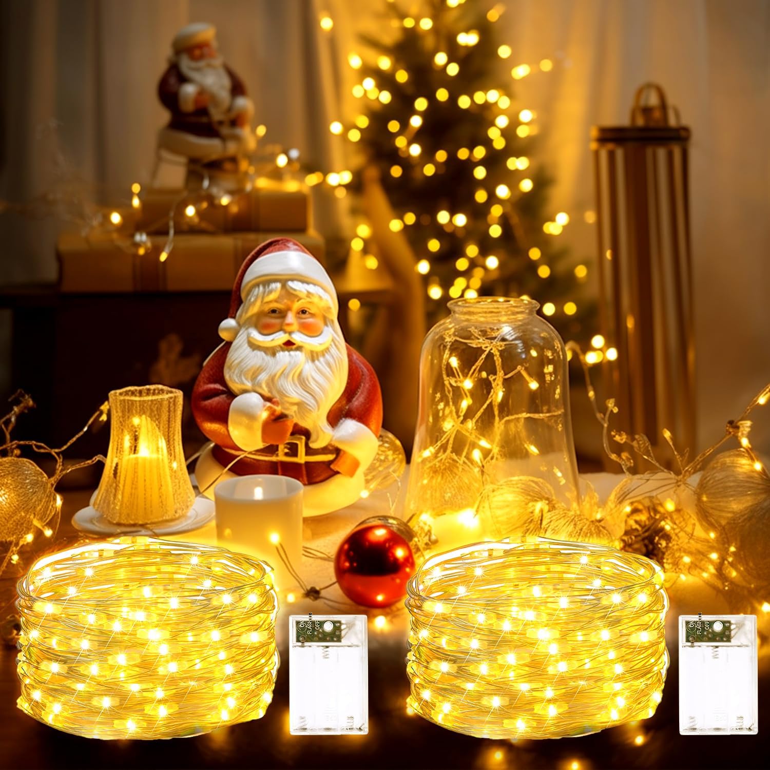 Fulighture Guirnalda Luces LED de 10M, 2 modos de iluminación, con pilas, 100 LED de luz decorativa de alambre plateado, para la pared del dormitorio, cumpleaños, blanco cálido, Paquete de 2