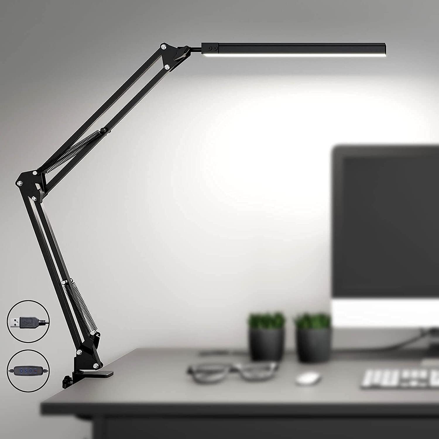 SKYLEO Lampara Escritorio LED - Flexo LED Escritorio Potente con clip - Protección ocular Lampara LED Escritorio - 3 modos de luz X 10 niveles de brillo - Negro