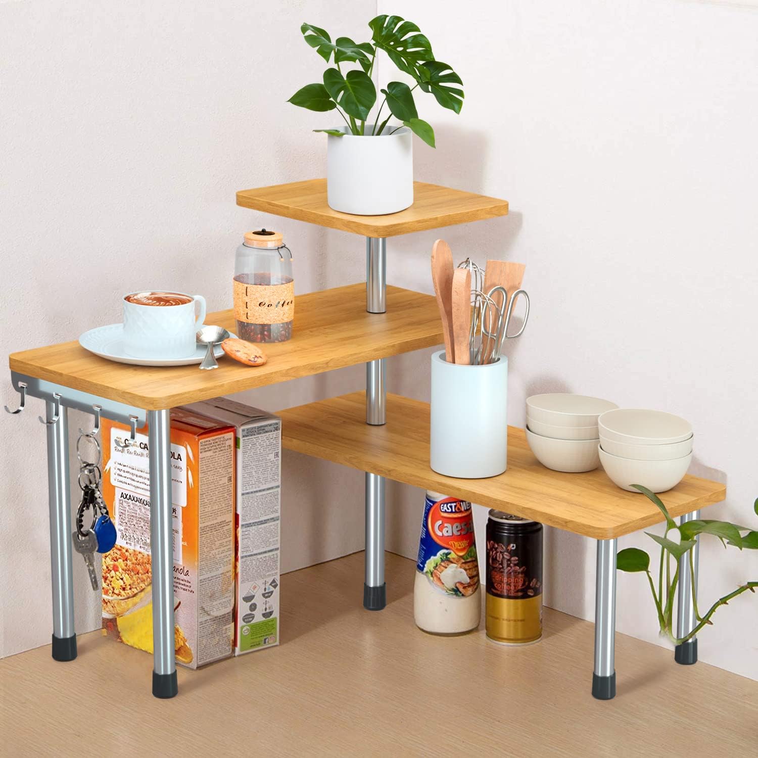 Jolitac Estante esquinero para cocina, estante esquinero para cocina, estante para especias, estante para hierbas, estante para platos, estante de cocina, organizador de mesa, 3 niveles de bambú con g