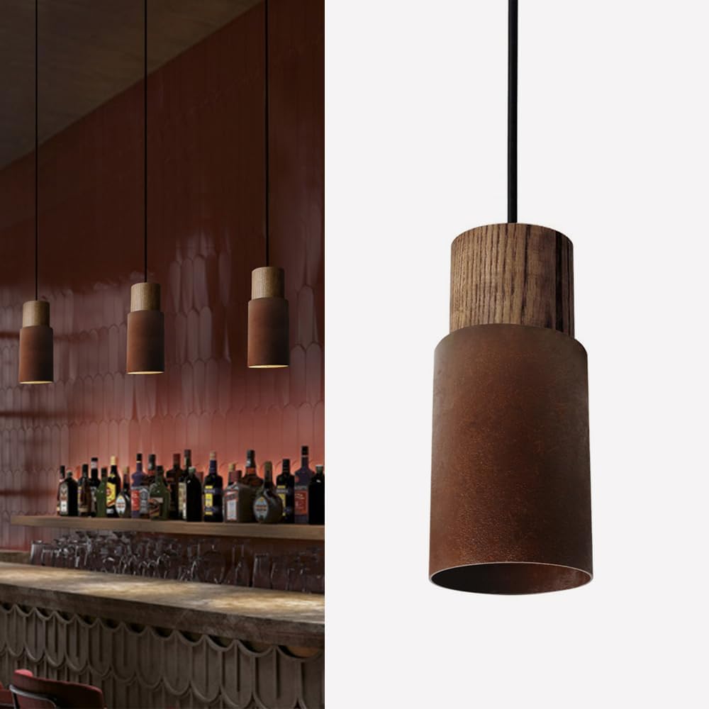 Lámpara colgante de diseño industrial con estructura en aluminio de 3-4 mm de grosor y columna de madera hecha a mano. Portalámparas E27, compatible con bombillas de hasta 60W. Cable ajustable a la al