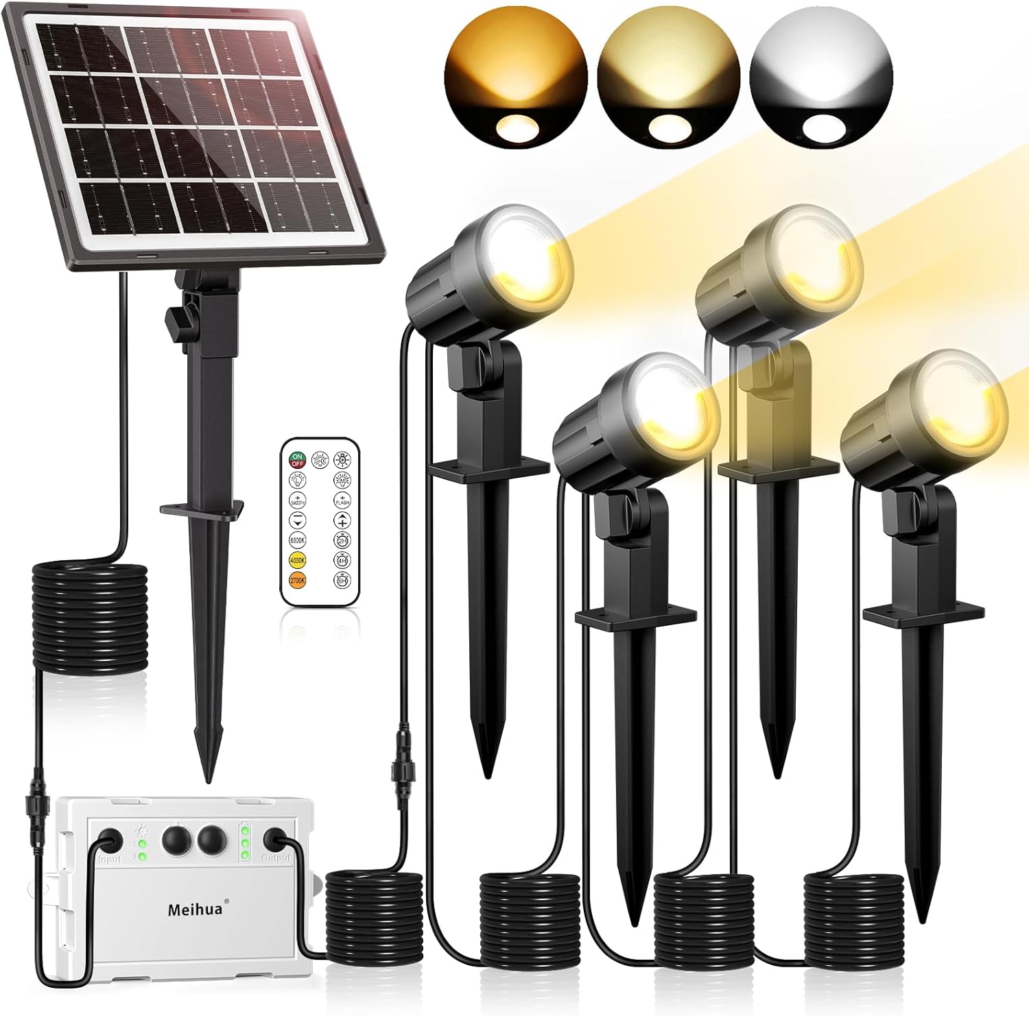 MEIHUA - Foco solar para jardín (4 unidades, IP66, impermeable, 2 con panel de alta eficiencia, encendido y apagado, lámpara estaca, jardines, arbustos árboles, luz blanca cálida, 600 lúmenes)