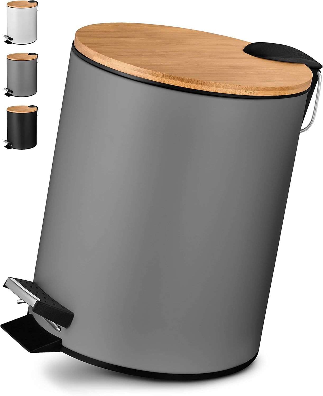 VMbathrooms Papelera baño de 5L en Noble diseño Gris | Cubo de baño con Cierre Suave | Elegante Cubo para el baño con contenedor Interior y Tapa de Madera de bambú | +E-Book Gratis