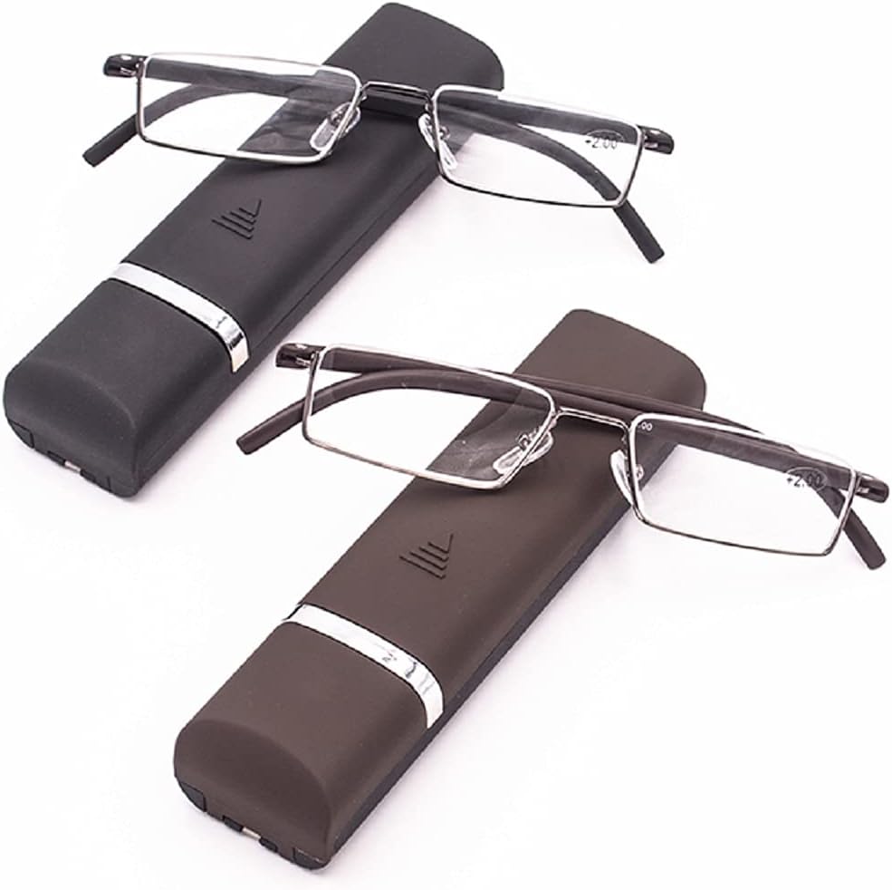 KoKoBin 2 Piezas Gafas de Lectura Marco Ultraligero TR90 Ayuda de Lectura Medias Gafas Marco de Metal con Semi montura Ayuda Visual con Estuche para Gafas para Hombres y Mujeres