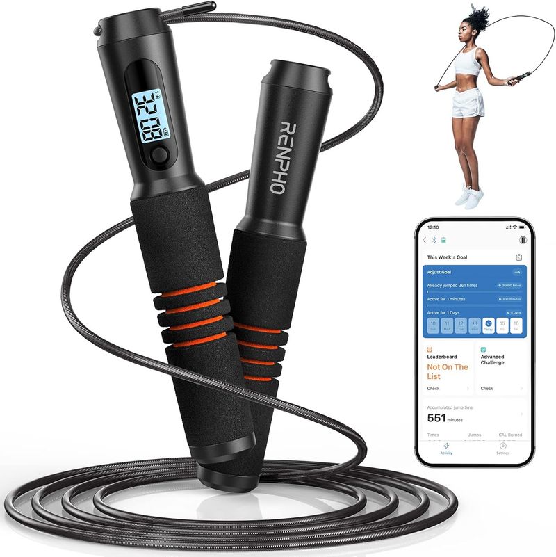 RENPHO Smart Cuerda para Saltar con Contador, Combas Ajustable para fitness, inteligente Análisis de Datos Aplicación, Cuerda de Saltar Profesional Entrenamiento para Mujer Niños adultos MMA
