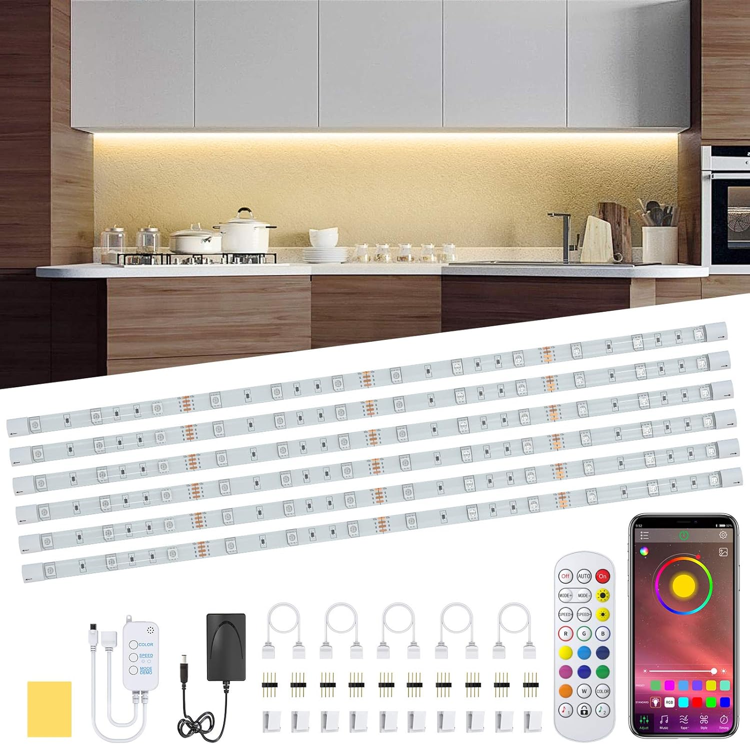 Racokky Luz Armario Cocina, 6 PCS Tiras LED RGB 3M Impermeable con Control APP & Control Remoto & 3 Botones Caja de Control, 90 LEDs 21 Colores Luces LED para la Habitación, Dormitorio, TV