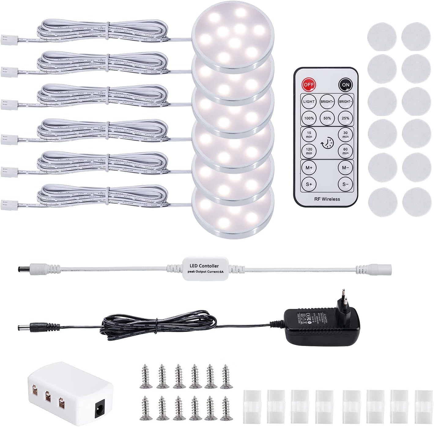 Luces LED para debajo de gabinetes de cocina LABOREDUCER, 12V, paquete de 6 con cable, control remoto, regulables, con enchufe e interruptor, iluminación para vitrinas de gabinetes de cocina.