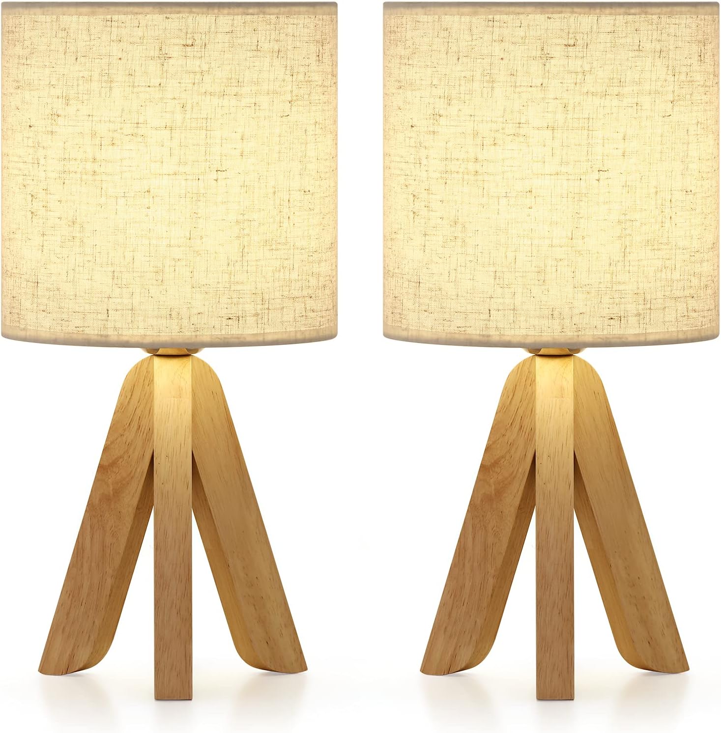 UOMIO - Juego de 2 lámparas de mesa con trípode de madera y pantalla de lino, lámpara de noche con interruptor de cable para dormitorio y salón - Luz decorativa blanca cálida (bombilla no incluida)