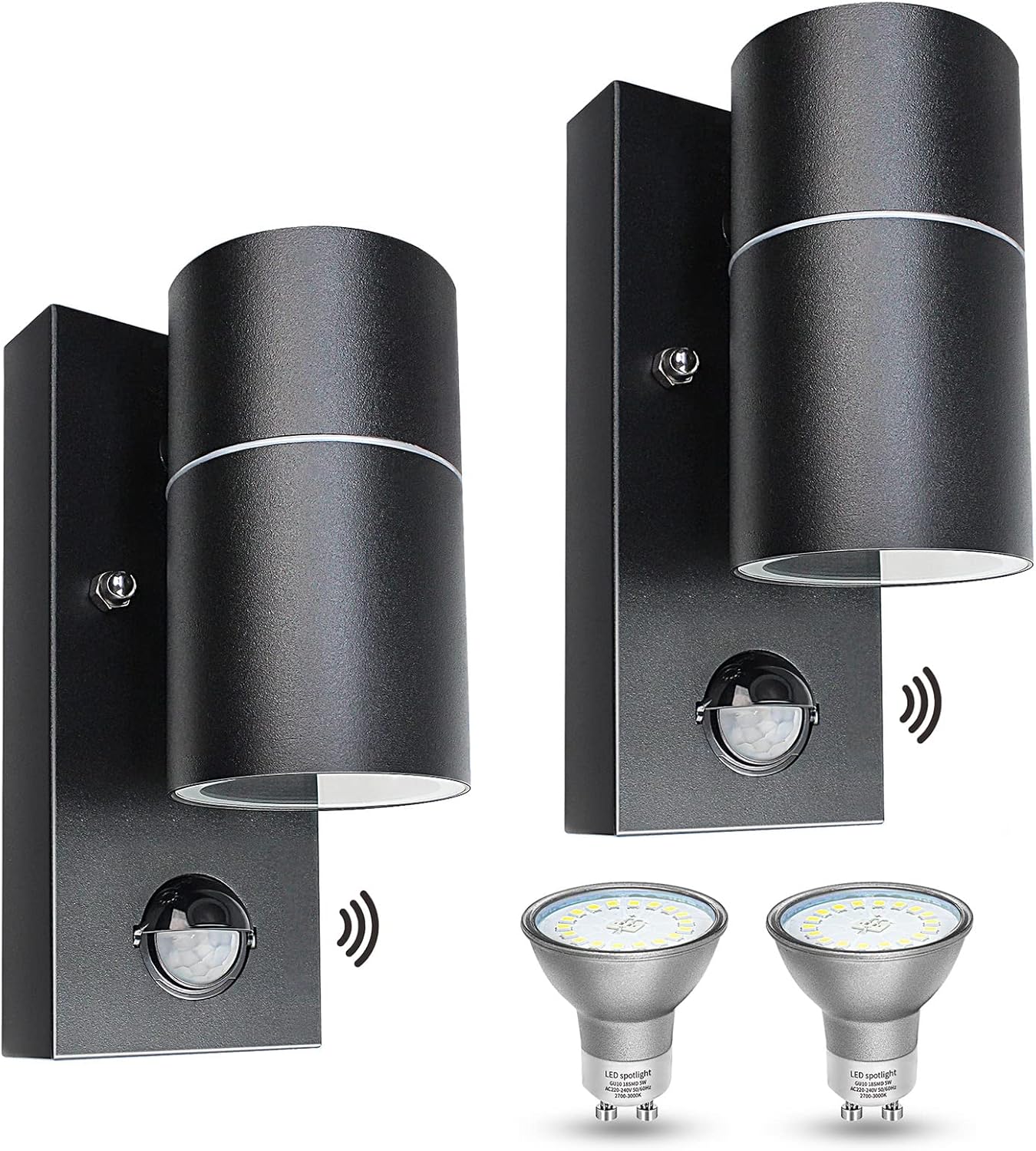 Lámpara de exterior Wondlumi con sensor de movimiento, lámpara de pared LED GU10, color antracita, IP44, 230 V, incluye 2 bombillas de 5 W de luz blanca cálida.